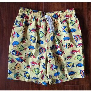 Kids Yellow Tropical Fish Print Swim Trunks Drawstring Board Shorts Size 10Y